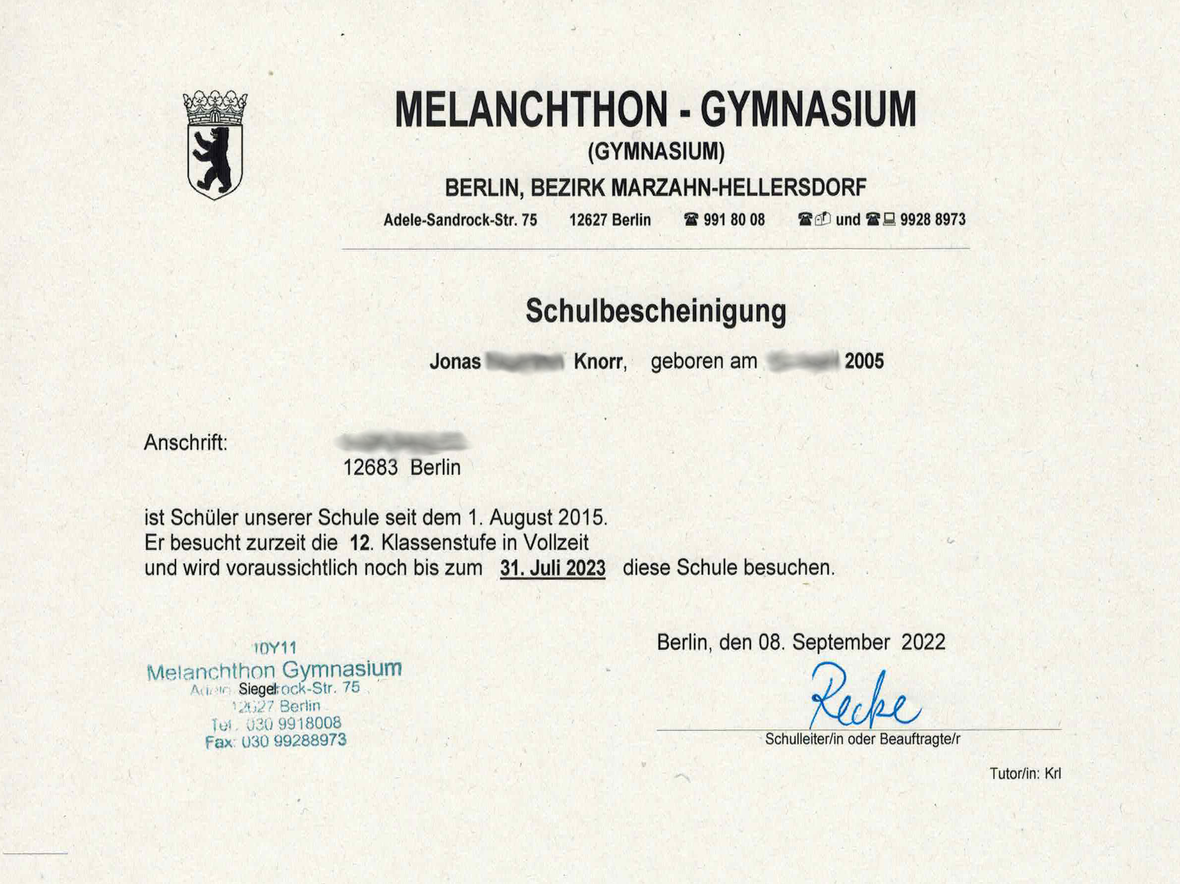 Schulbescheinigung für Transparenz über die Angaben